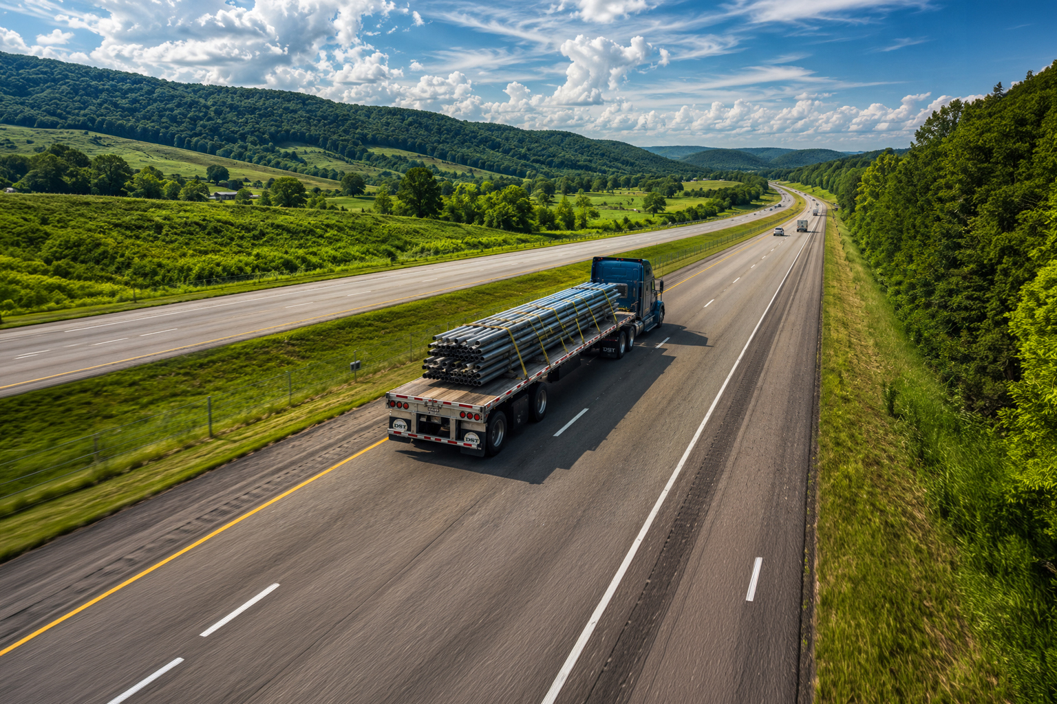 DST-Truck-Trailer-Rentals-flatbed-green-open-road